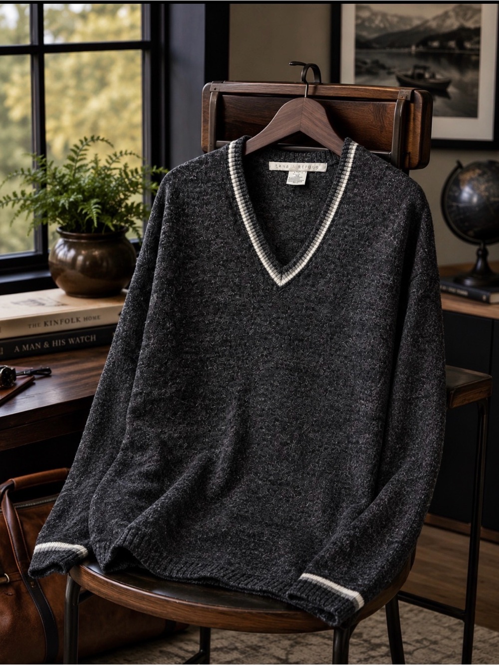 Dark Gray V-Neck Knit Sweater with Contrast Trim size xxl
